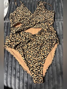 aerie Leopard Print One-Piece Swimsuit in Tan and Black